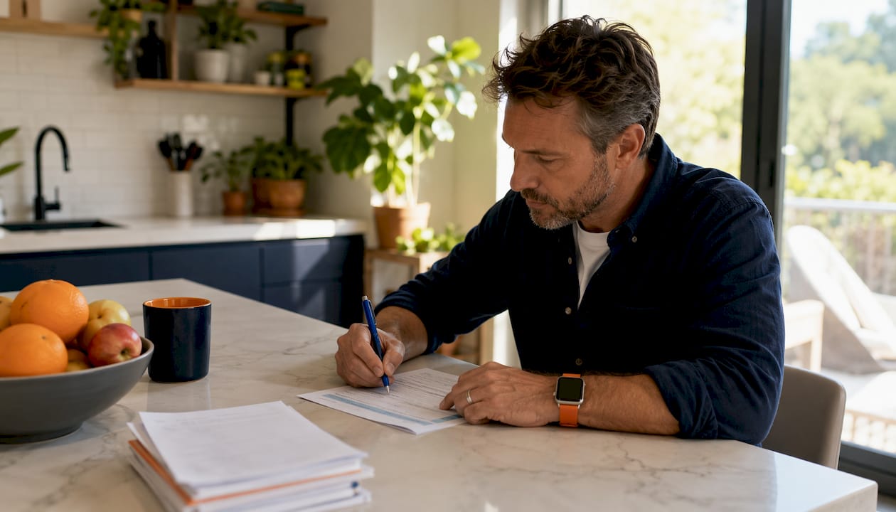 Hands holding Spanish tax form ready to fill