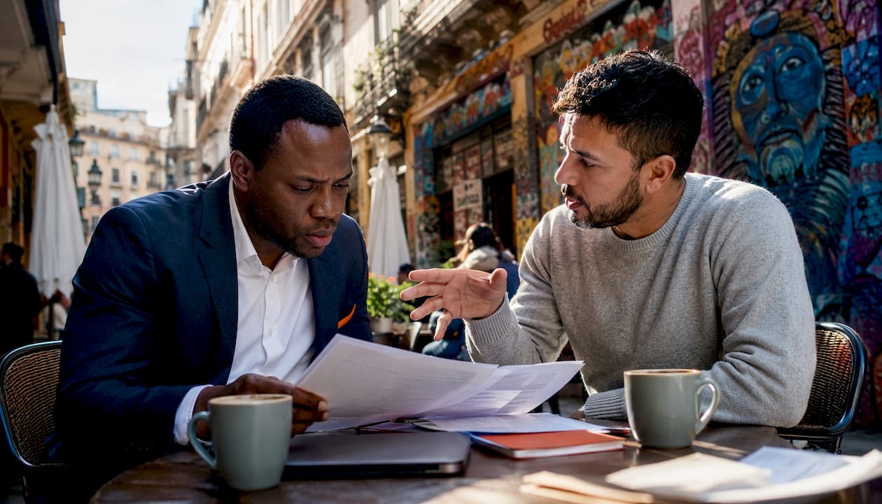 Two professionals discussing Spain-U.S. tax treaty documents