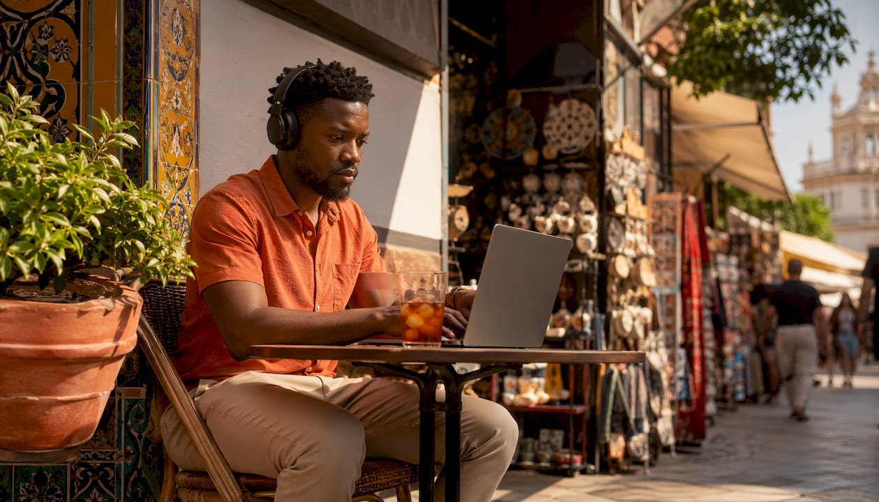 Digital nomad working outdoors in Spain café