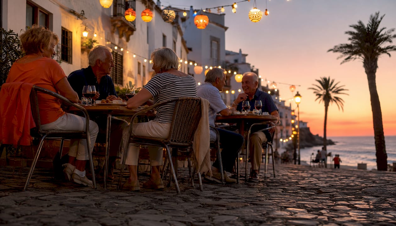 Seniors enjoying walkway in coastal Spanish town