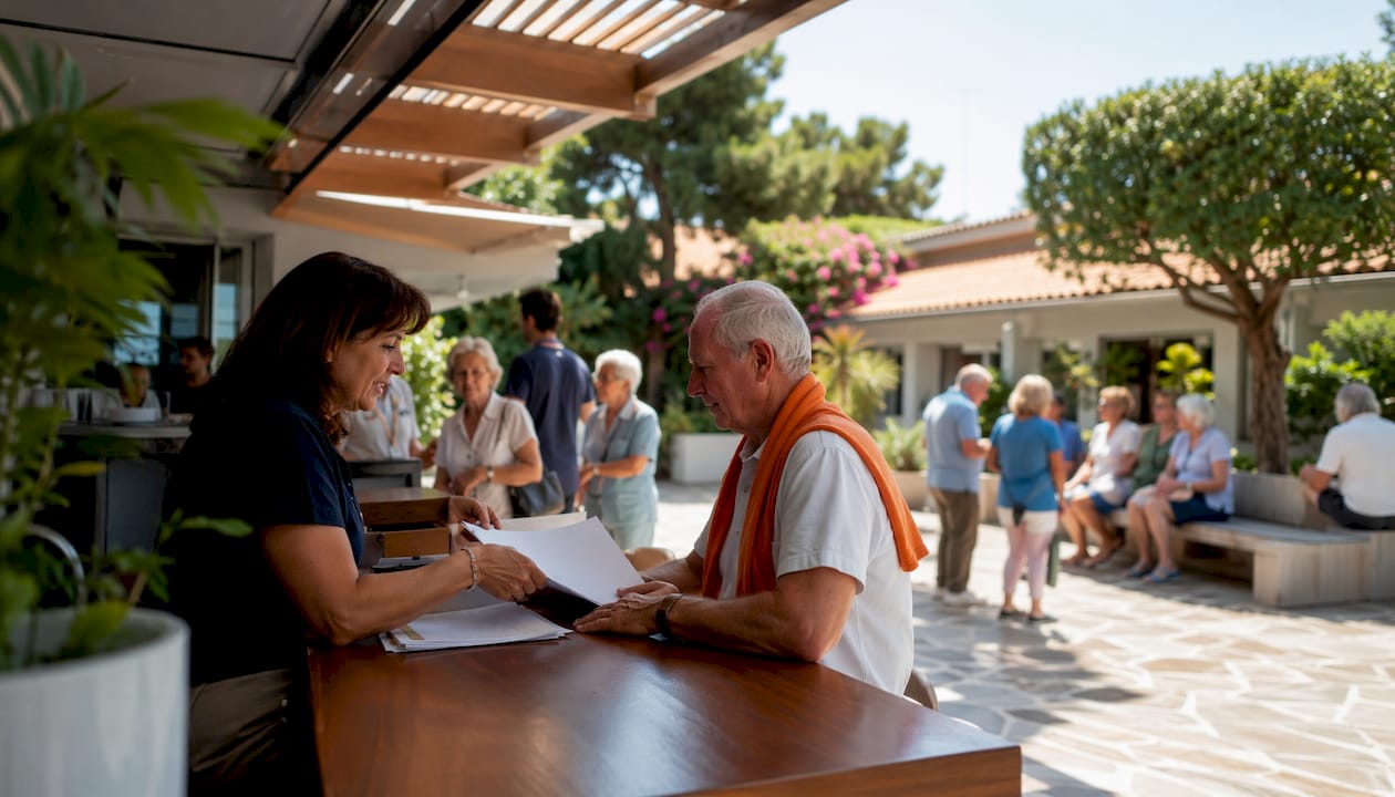 Retiree consulting hospital receptionist in Spain