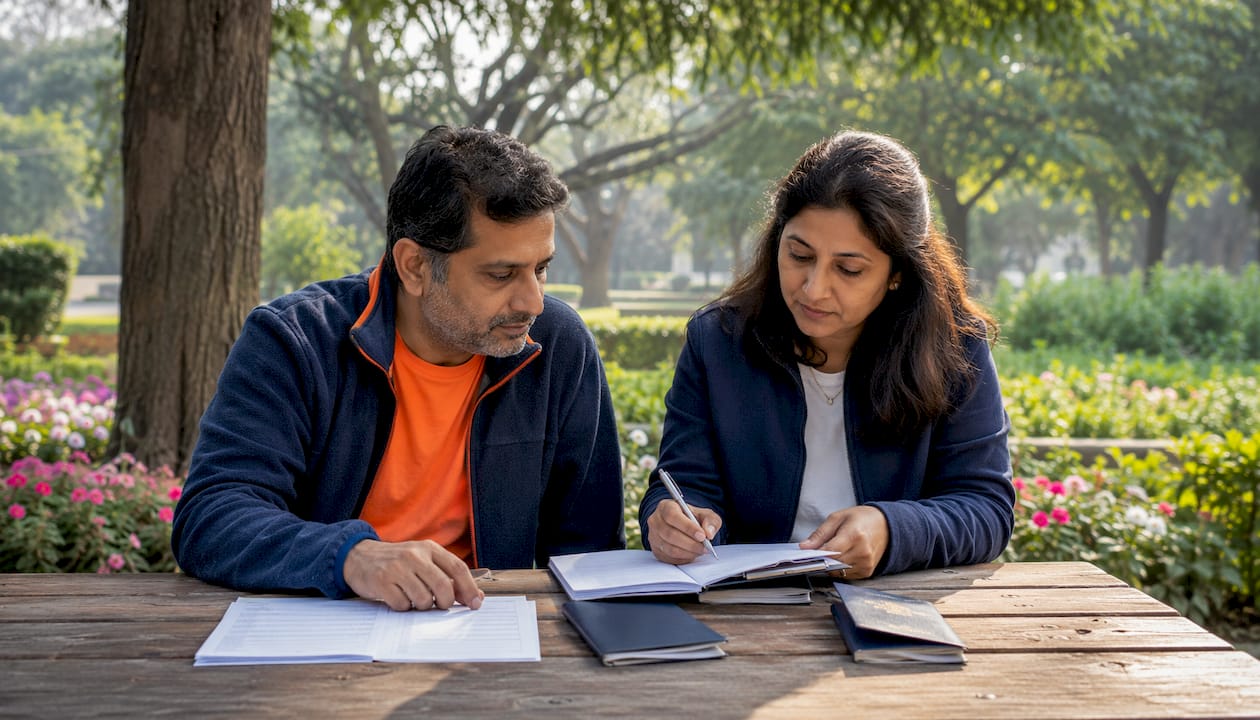 Indian couple reviewing visa documents in café