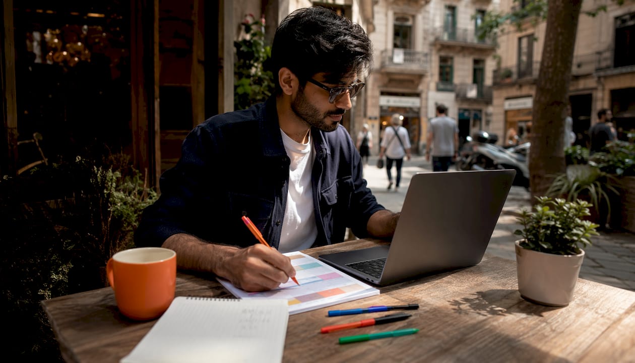 Indian man planning visa timeline in coworking