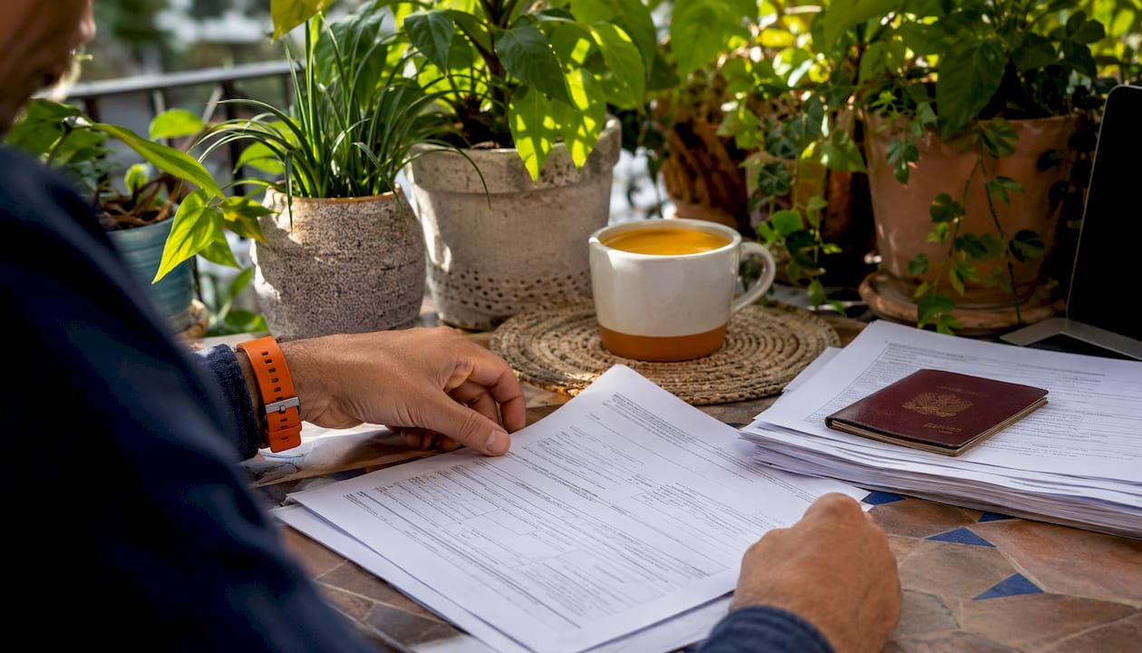 Hands handling NIE application papers