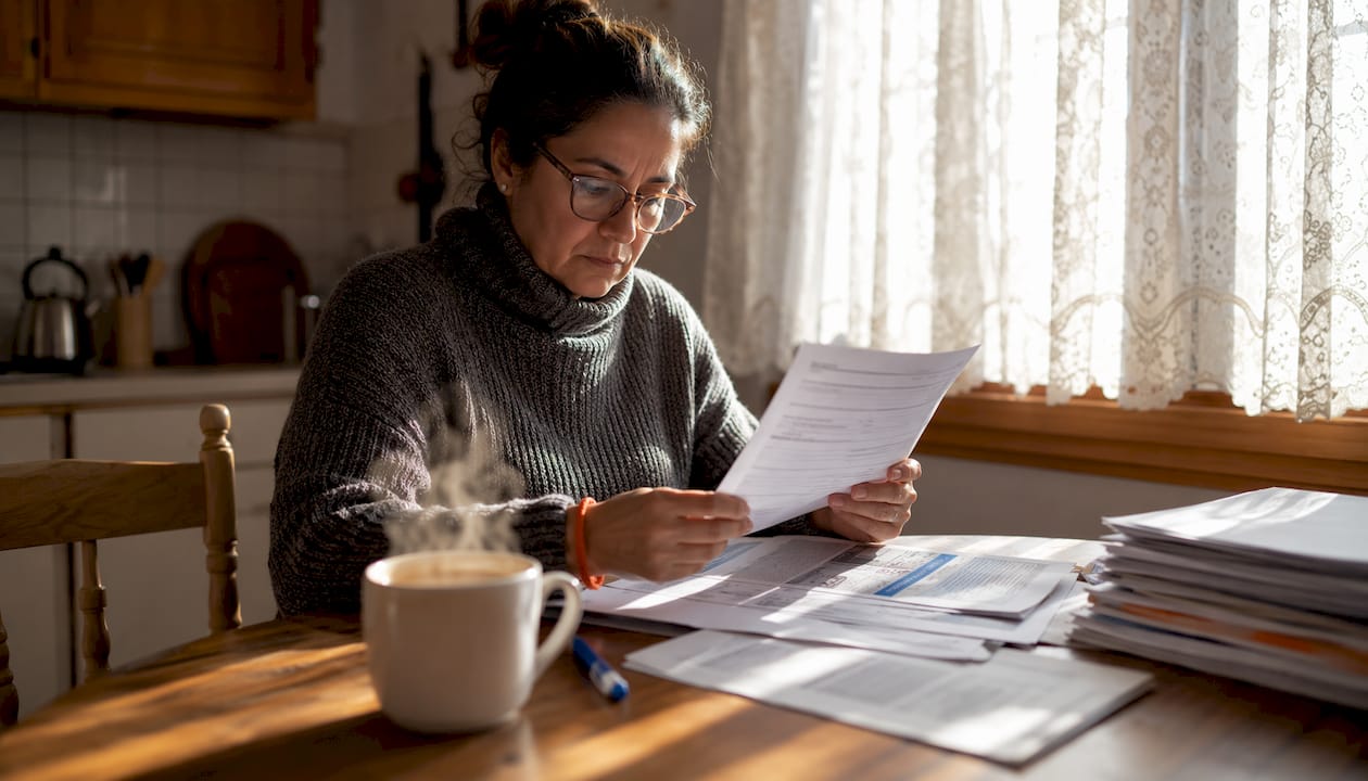 Woman reviewing visa denial documents at desk