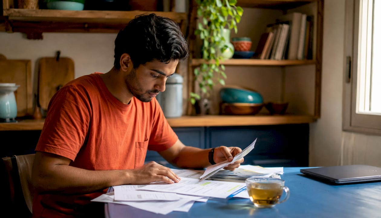 Man organizing financial documents for visa