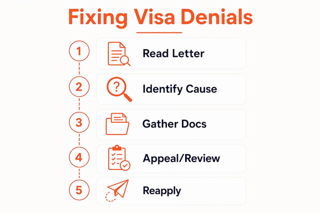 Infographic showing steps to fix visa denial