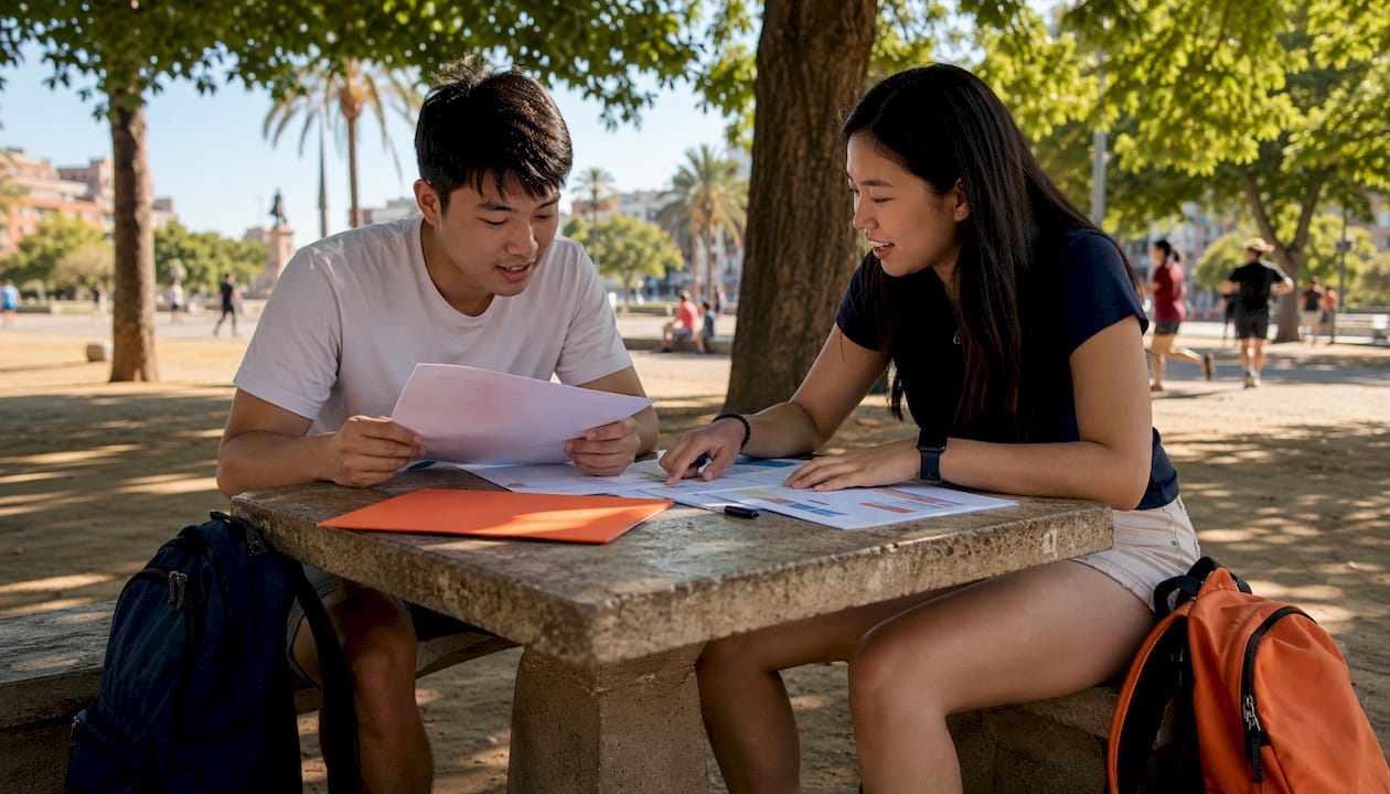 Students discussing Spain visa paperwork outdoors