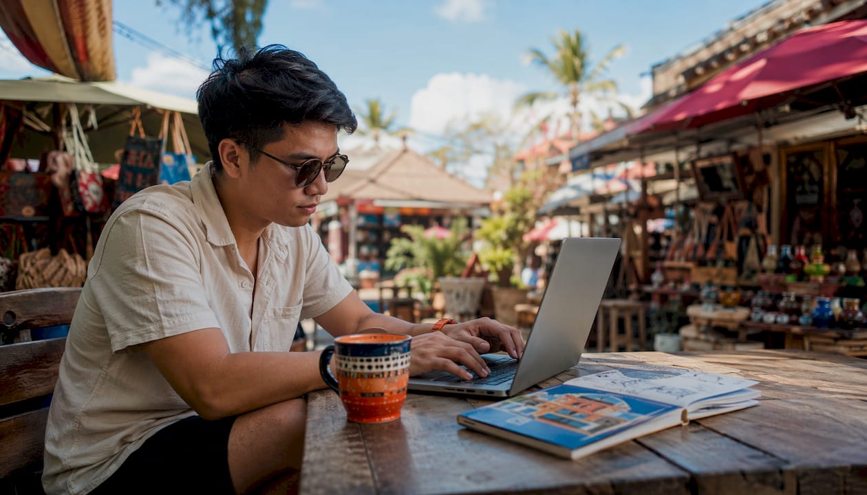 Filipino man working remotely at outdoor café in Spain
