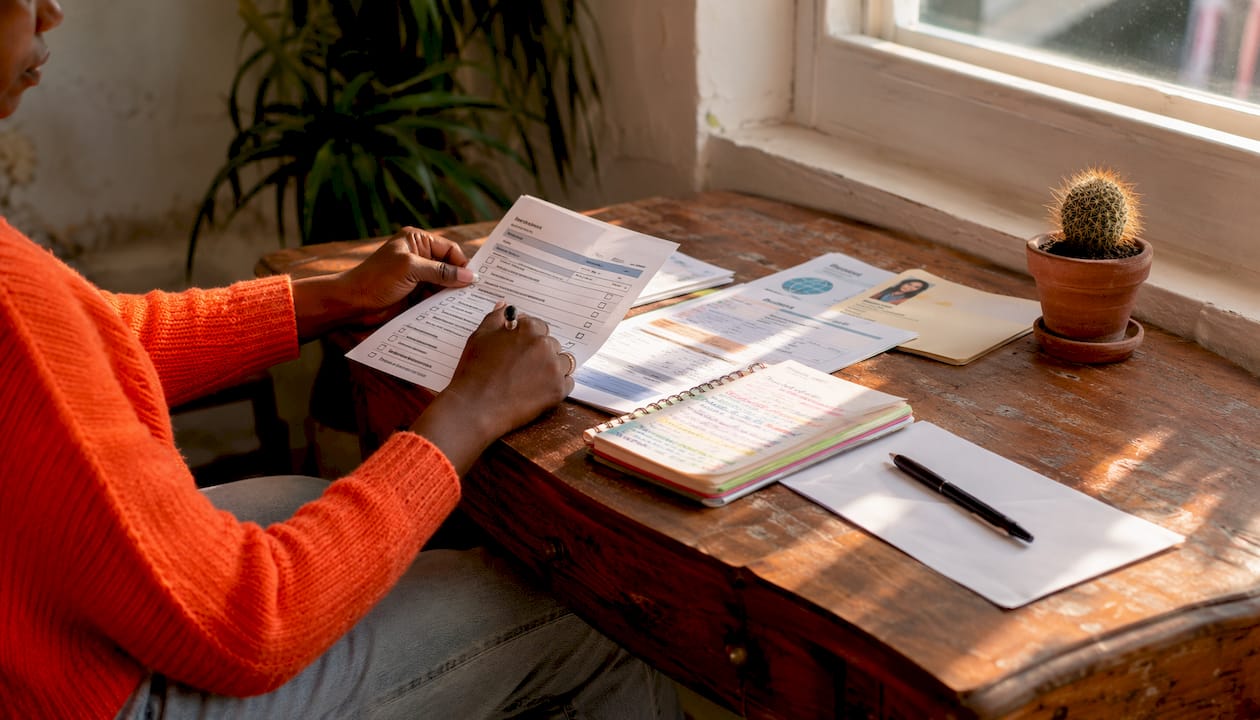 Overhead view of documents and checklist for Spain visa letter