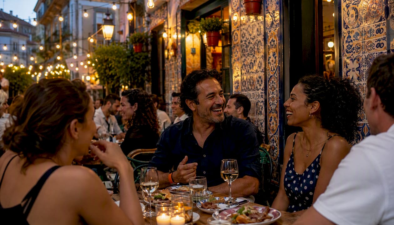 Friends enjoying tapas at Madrid outdoor bar terrace