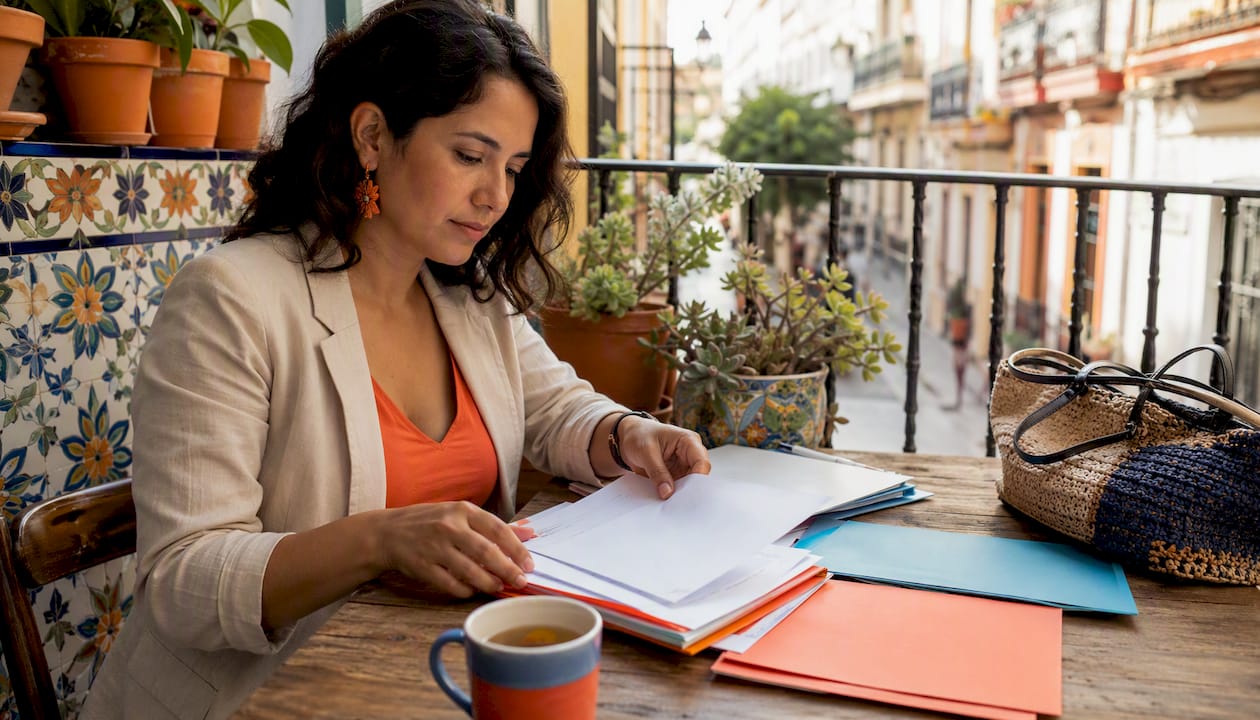 Woman organizing visa documents at home desk