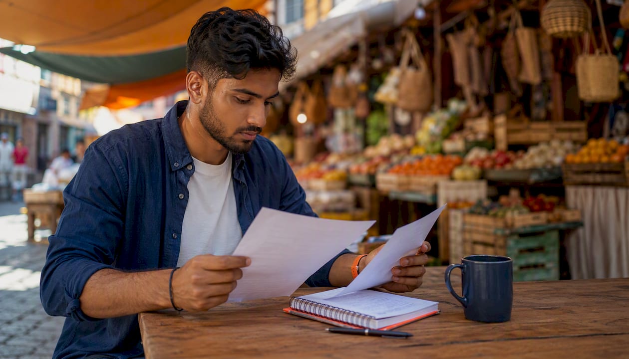 Hands scanning remote work documents in café