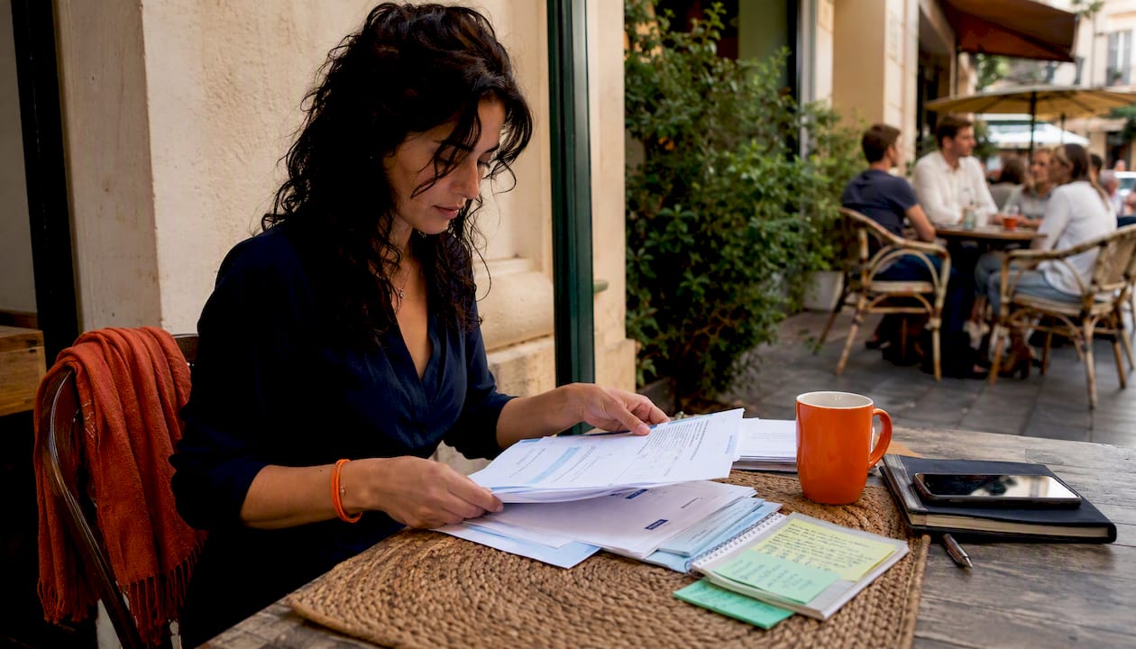 Hands organizing tax forms and certificates on desk