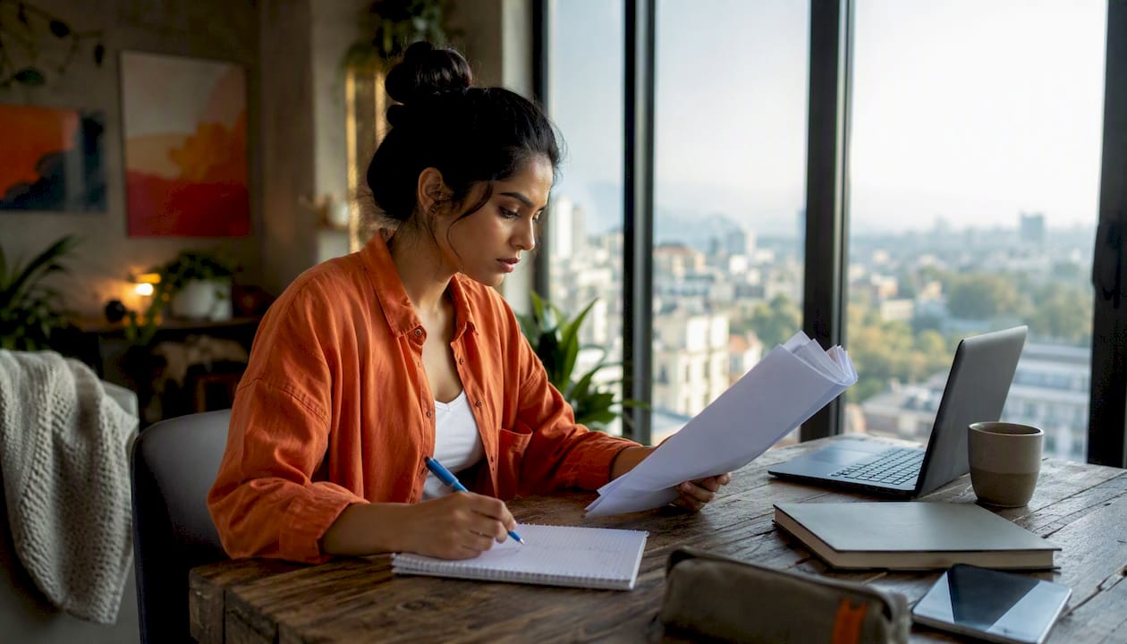 Young woman reviewing visa application documents