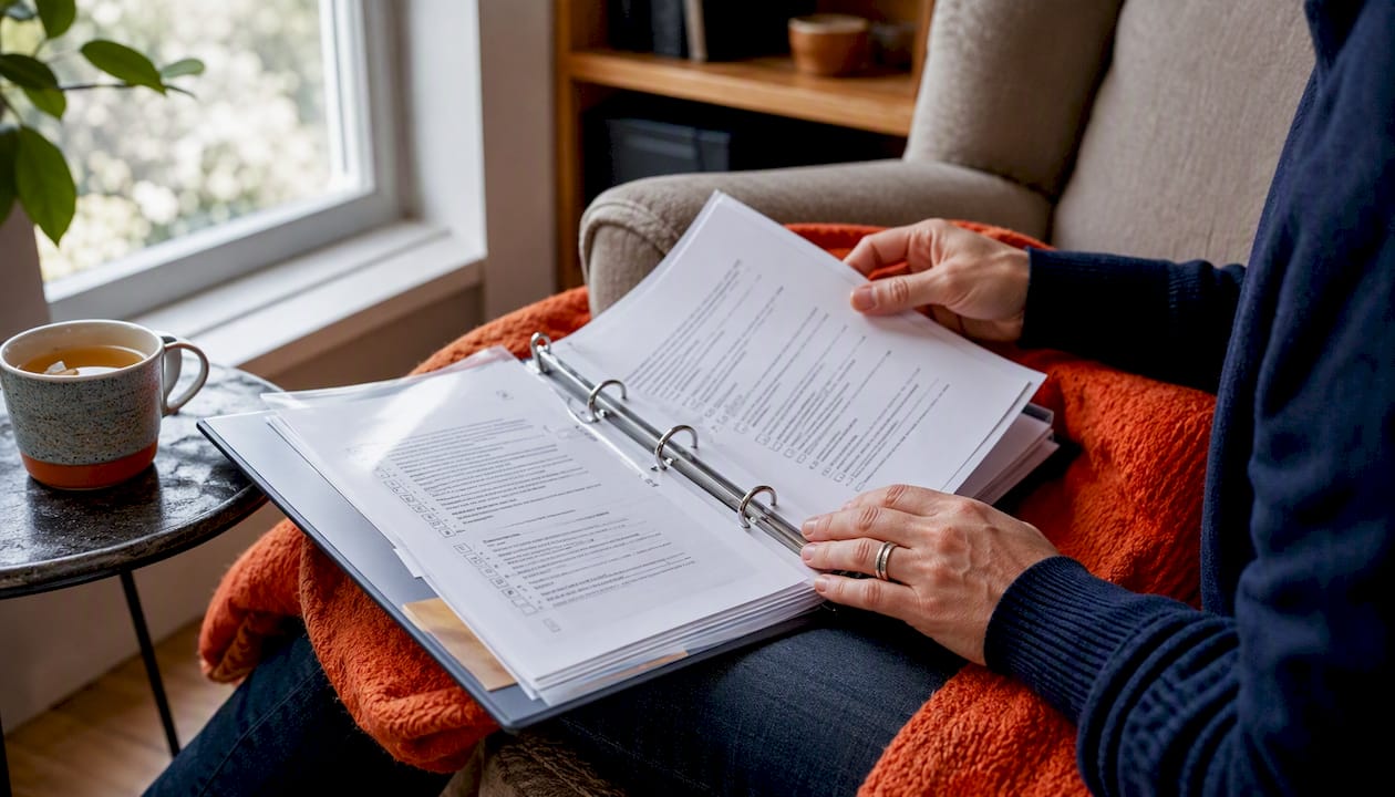 Hands reviewing visa timeline documents in binder