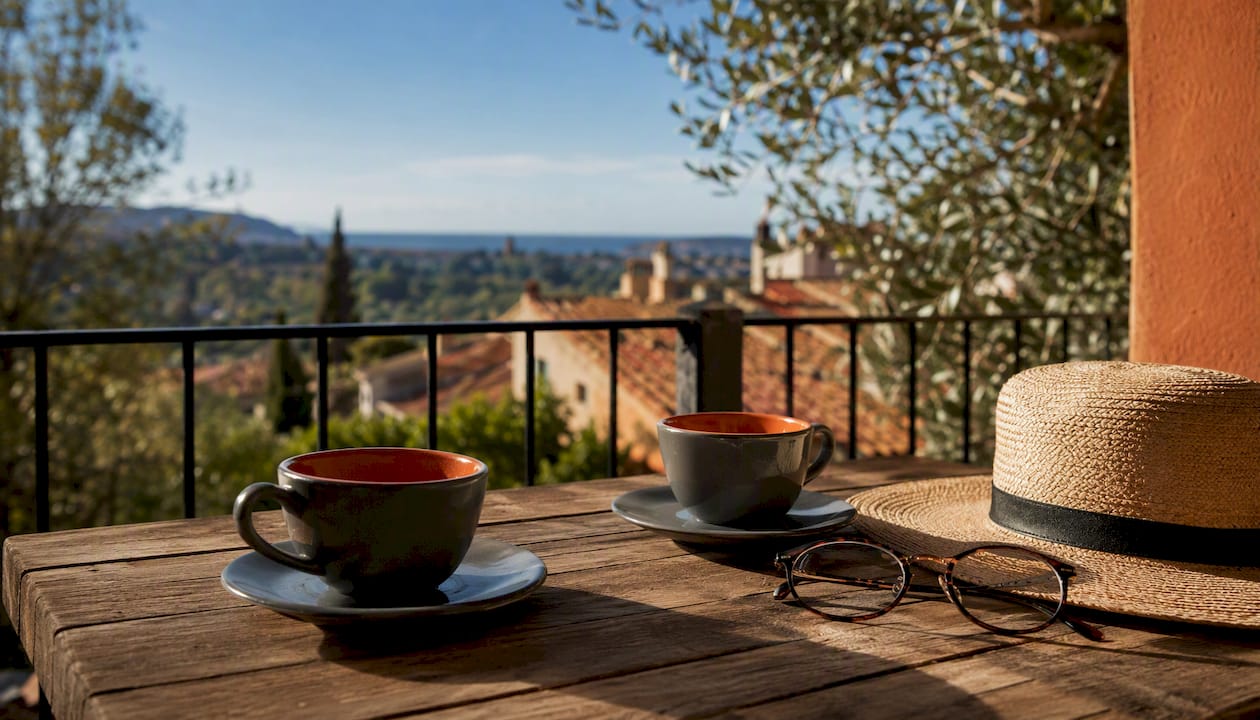 Spanish terrace with coffee cups and rooftops