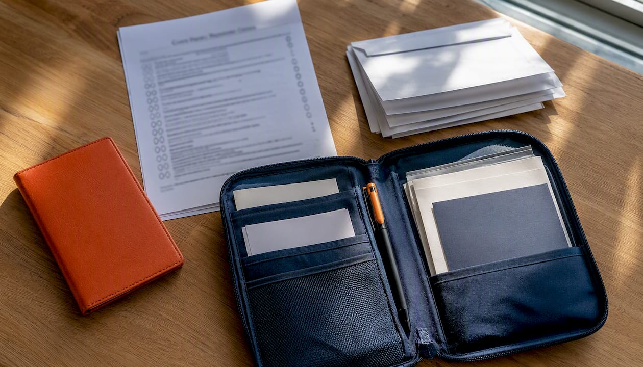 Travel documents and mailing envelopes ready for visa application