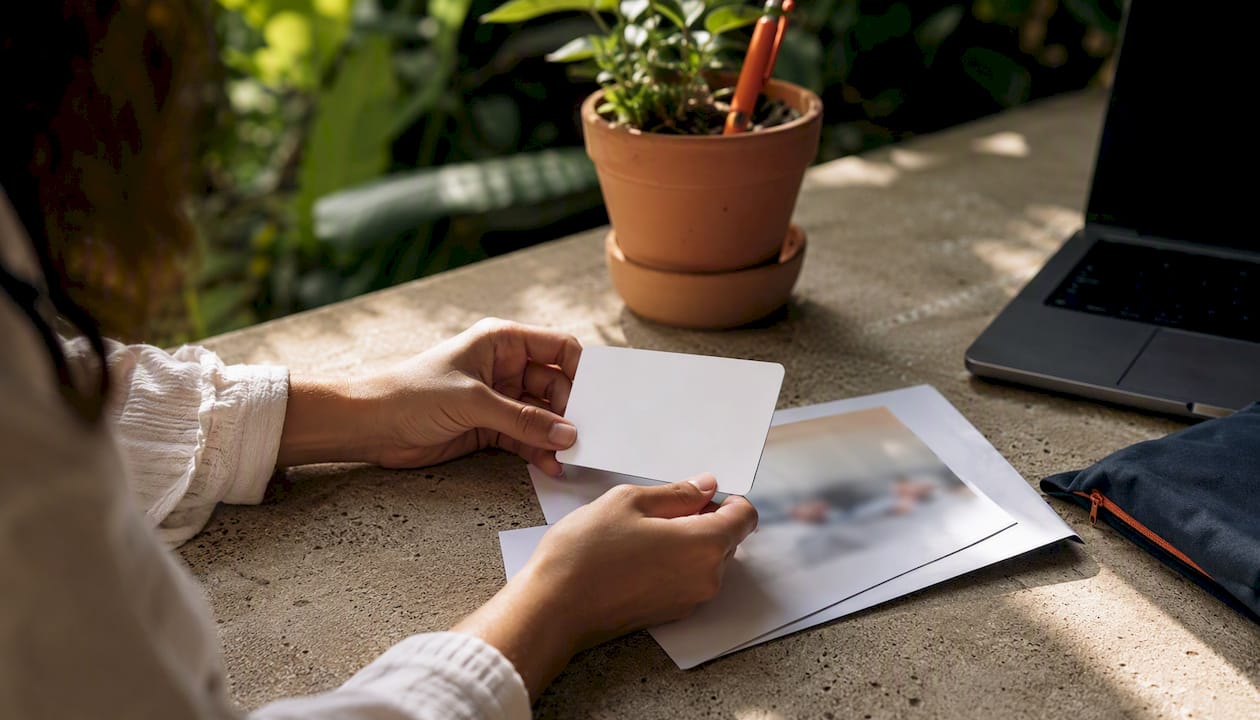 Hands arranging health insurance documents on table