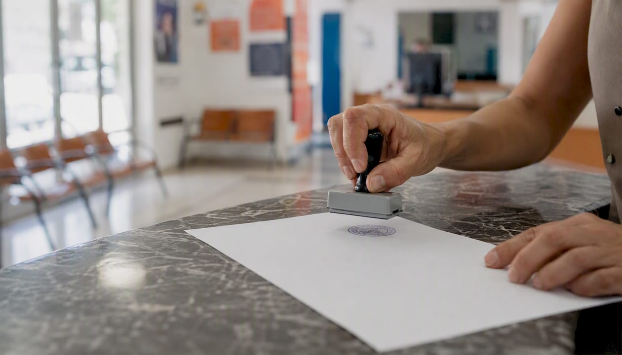 Hands stamping official carta de invitación document