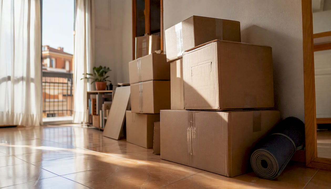 Packed moving boxes inside apartment in Spain
