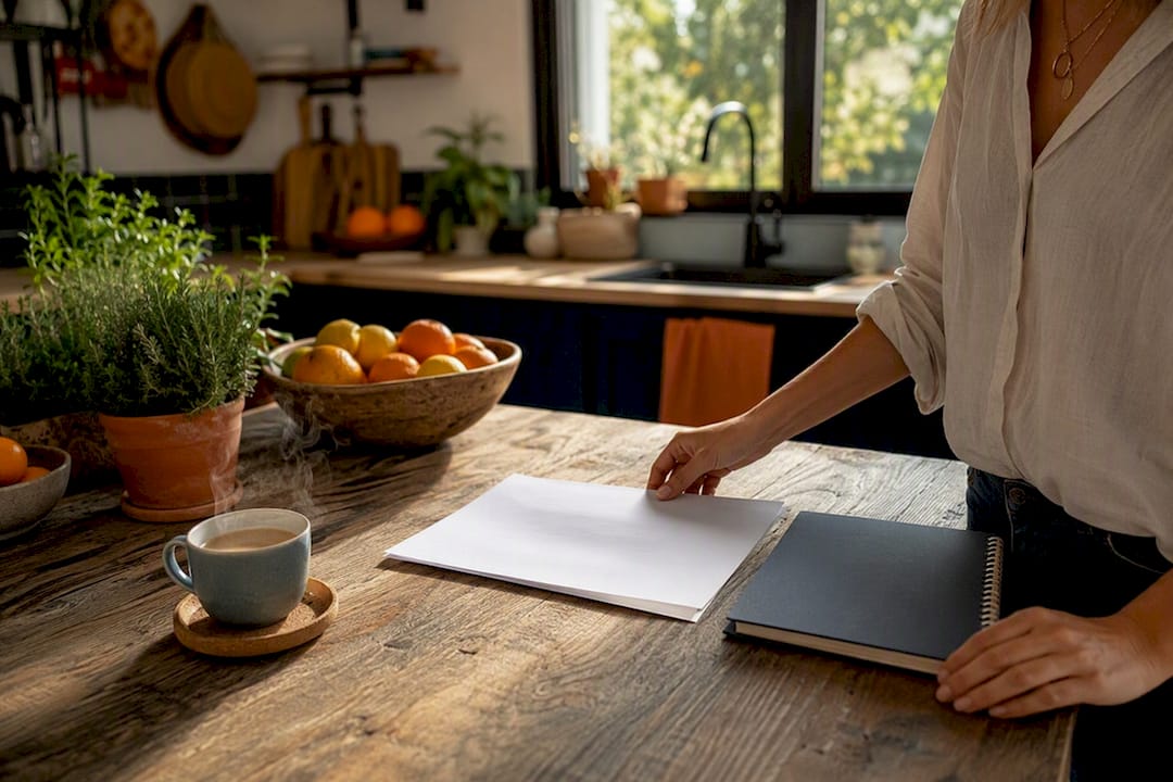 Hand placing Spanish tax form on desk
