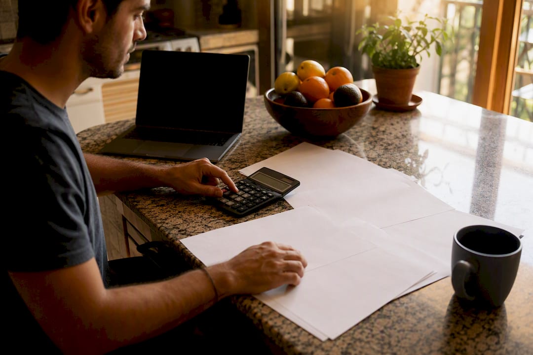 Hand pressing calculator alongside Spanish tax papers