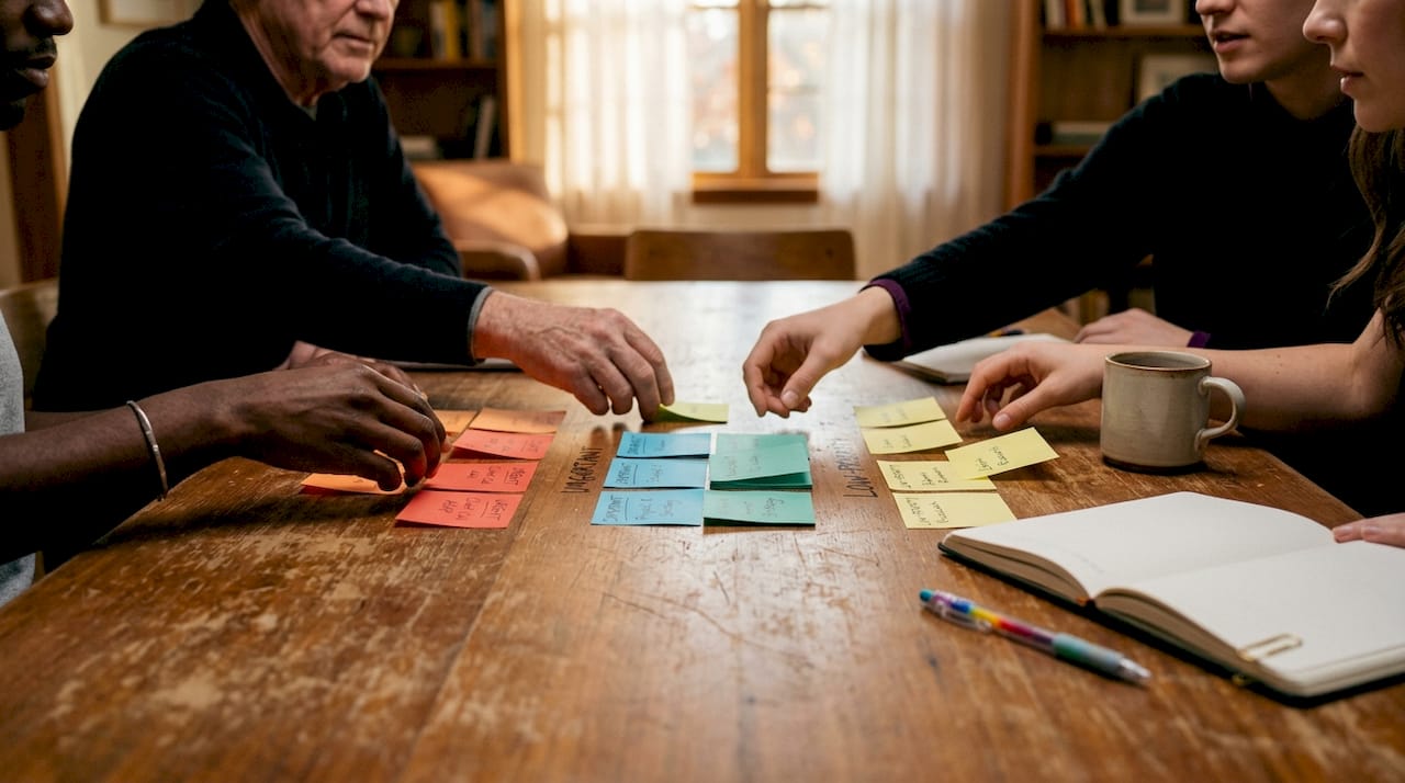 Overhead view of team organizing process inventory notes