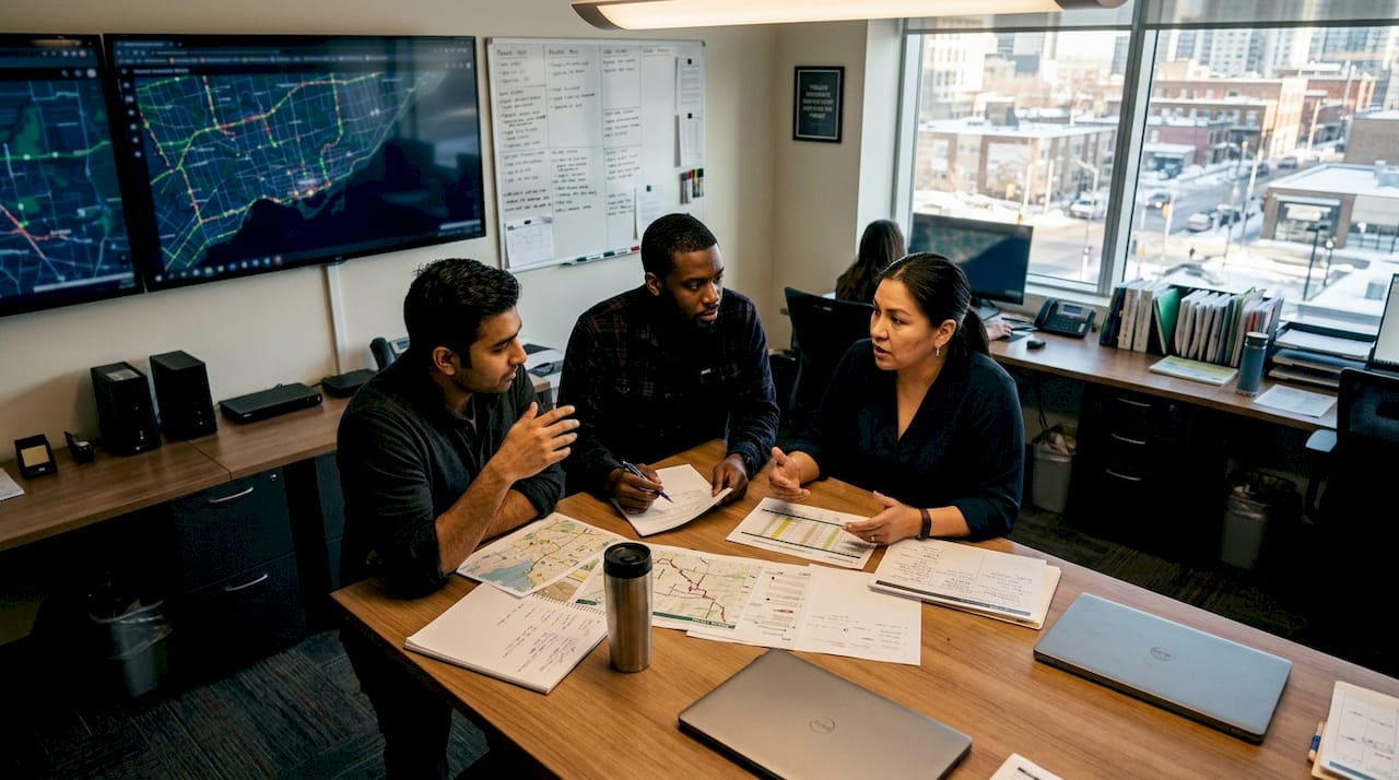 Diverse dispatch team collaborating indoors