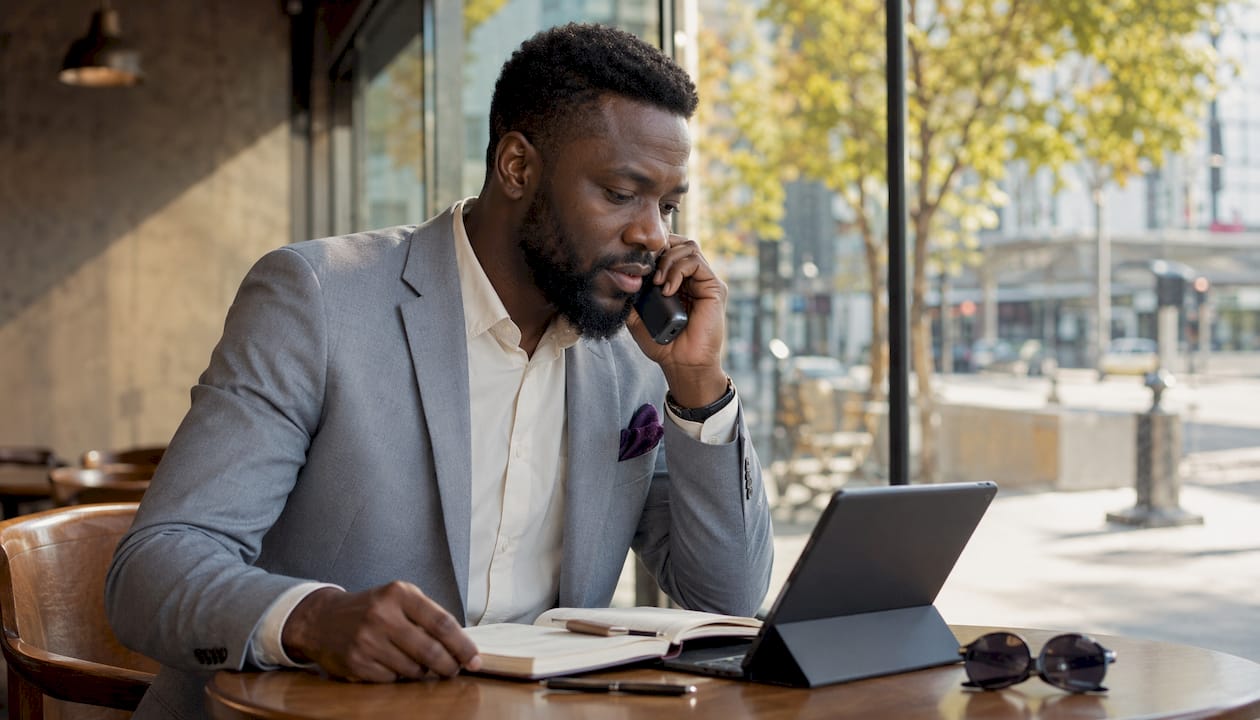 Businessman handling phone call in office