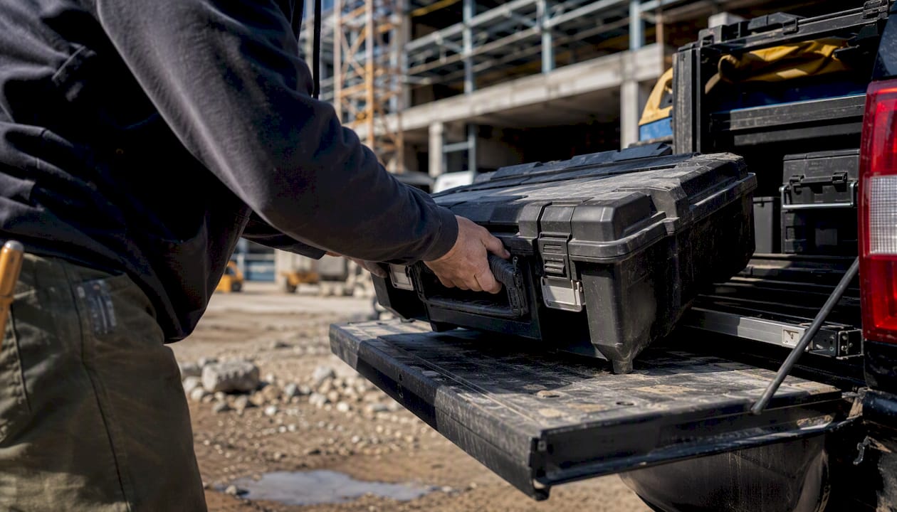Technician loading toolbox into truck bed