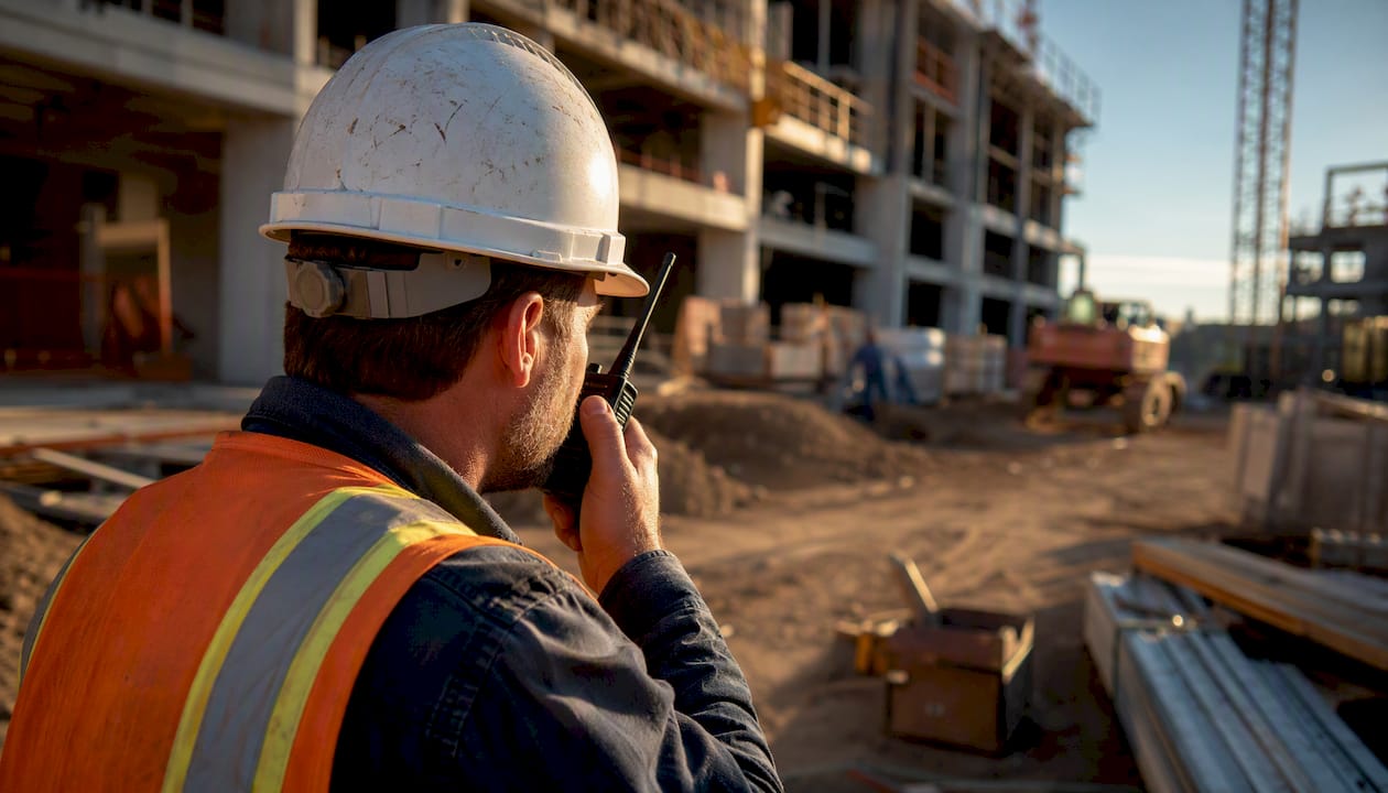 Hand operating walkie-talkie at construction site