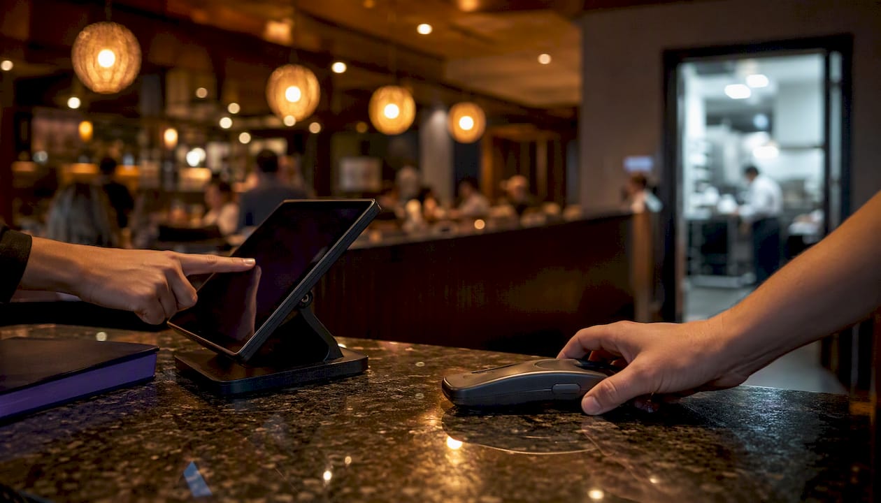 Hands managing reservation book and phone at restaurant