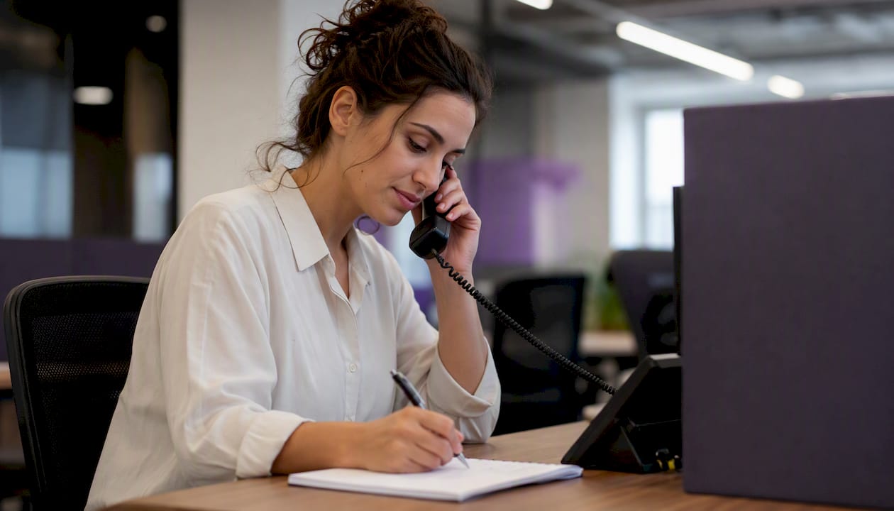 Call center agent holding phone receiver attentively