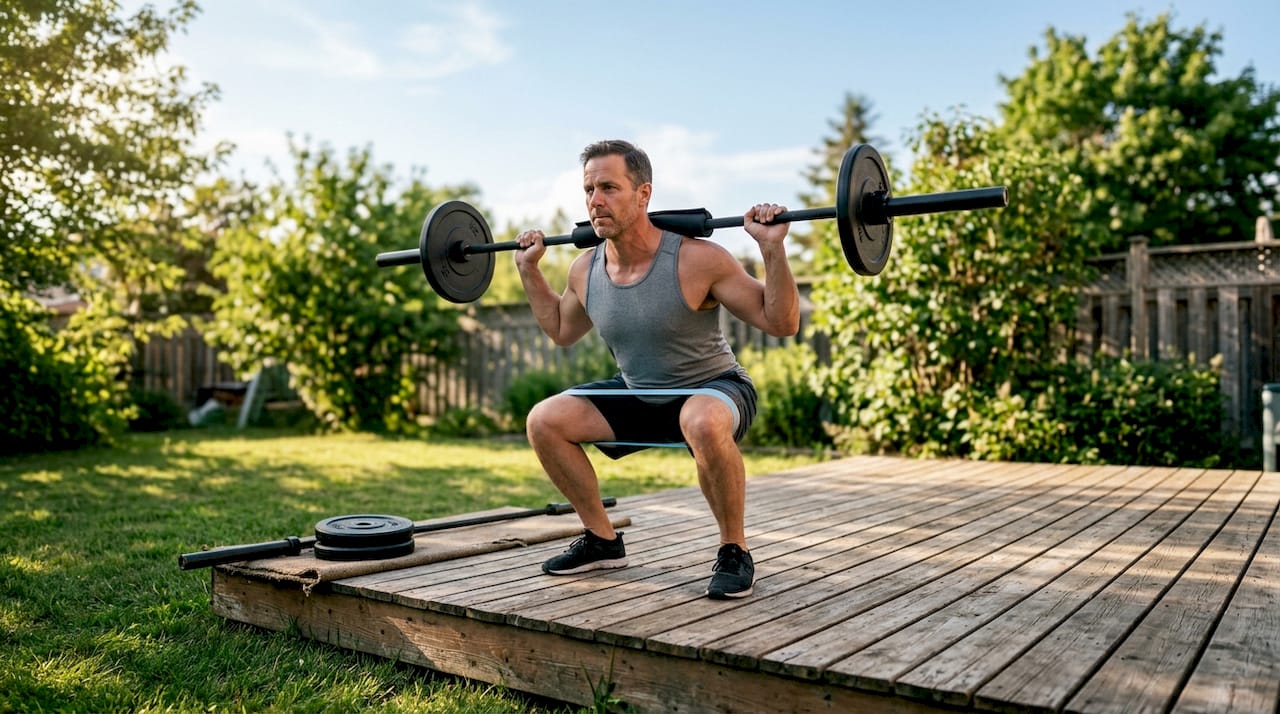 Man performing squat in home gym