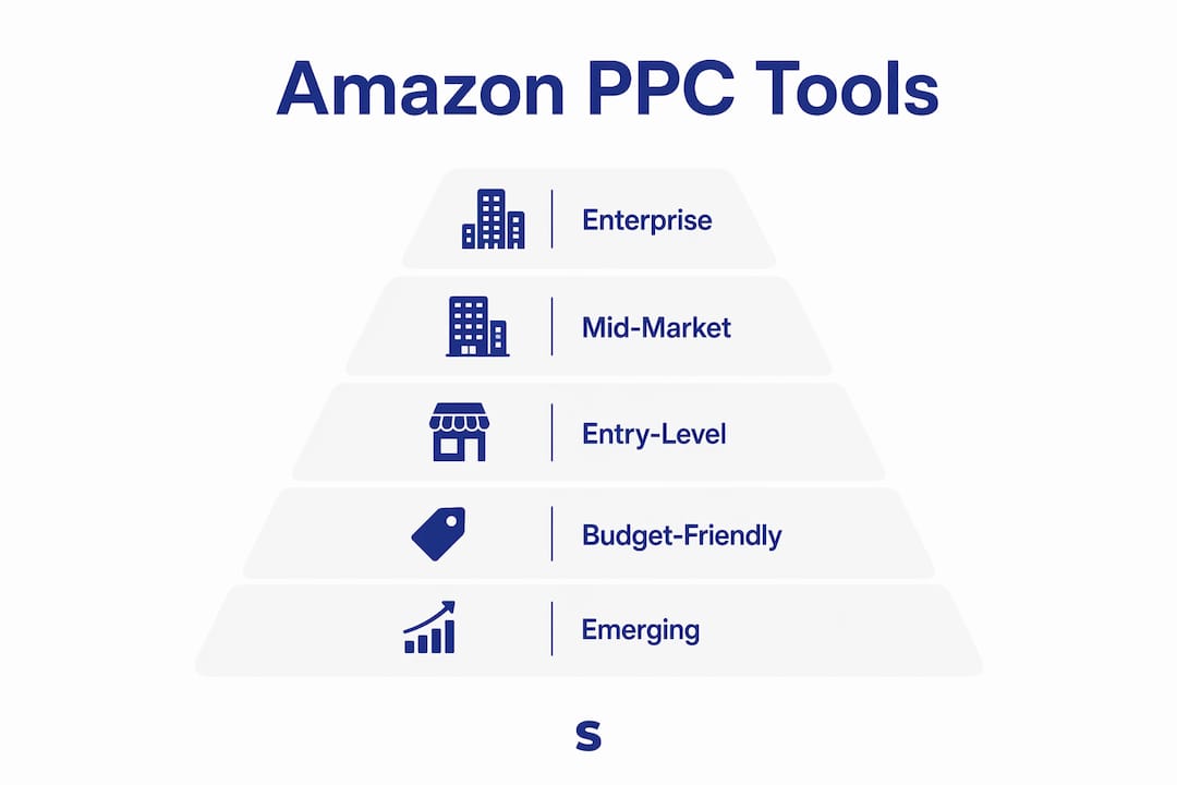 Infographic showing ranked tiers of Amazon PPC AI tools by market segment