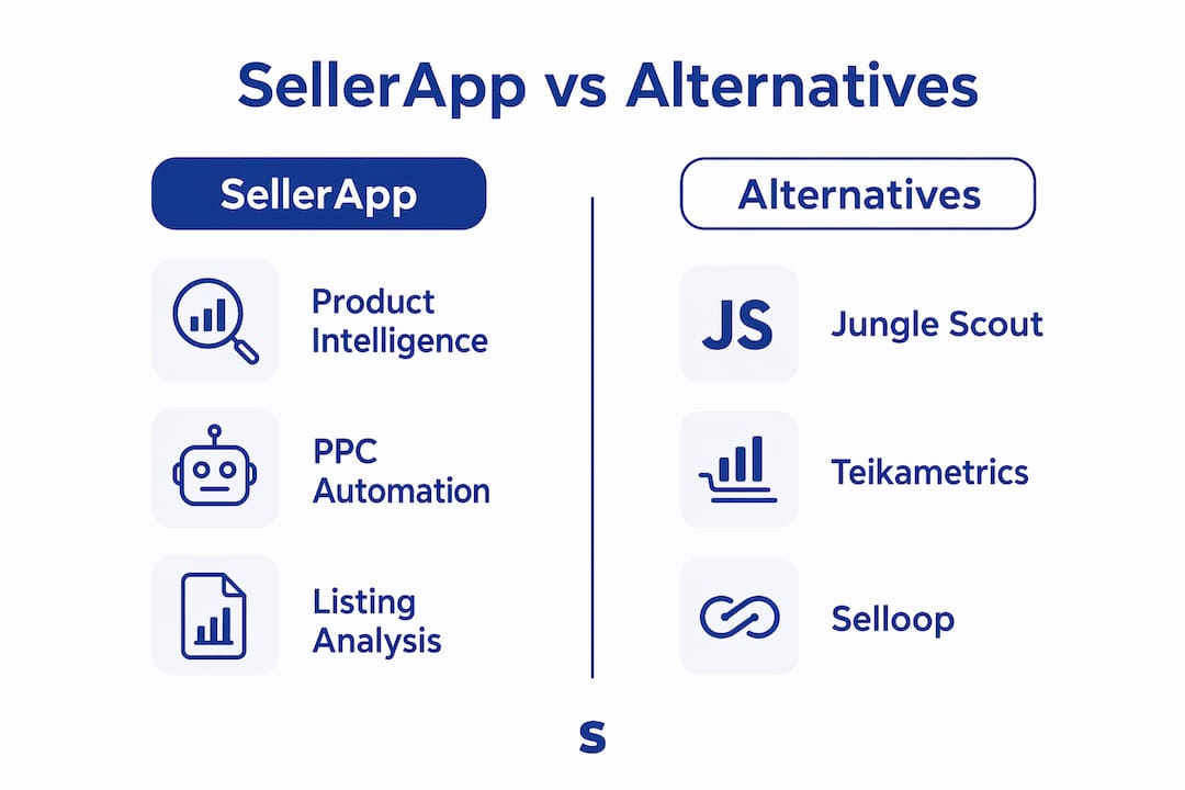 Infographic comparing SellerApp and its alternatives with key features