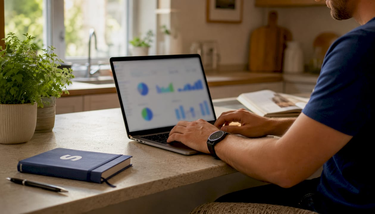 Over-the-shoulder view of PPC dashboard and hands