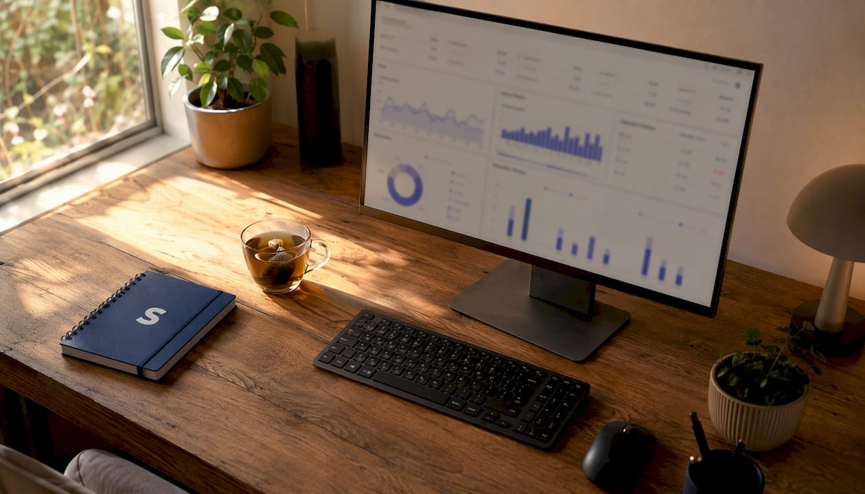 Clean workspace with Amazon ad campaign dashboard