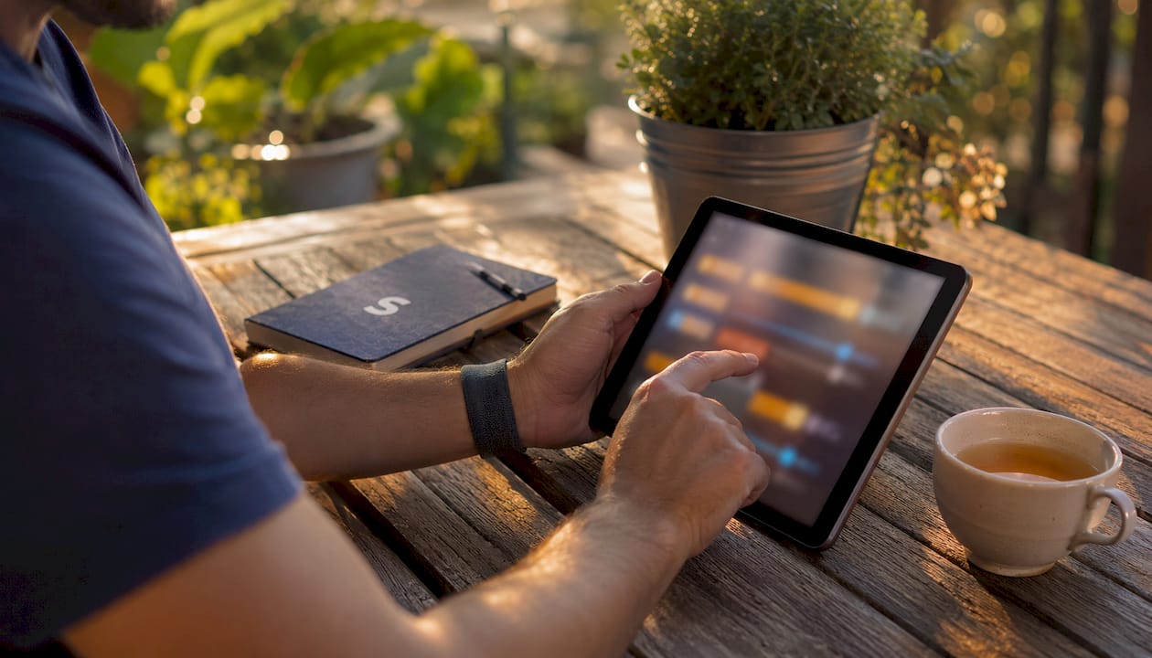 Hands adjusting digital bidding sliders on tablet