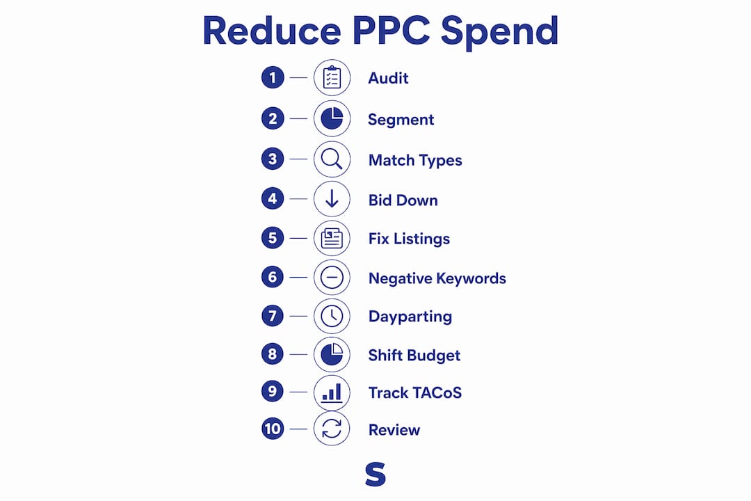 Infographic showing key steps to reduce Amazon PPC ad spend