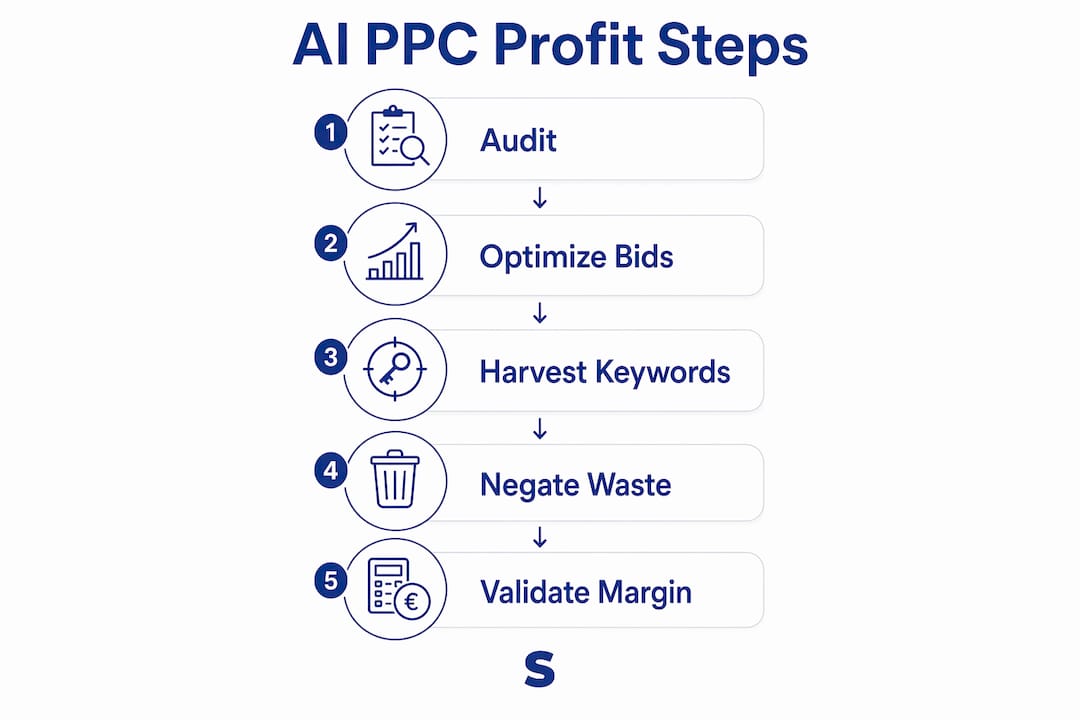 Infographic showing 5 steps to increase Amazon profit with AI PPC
