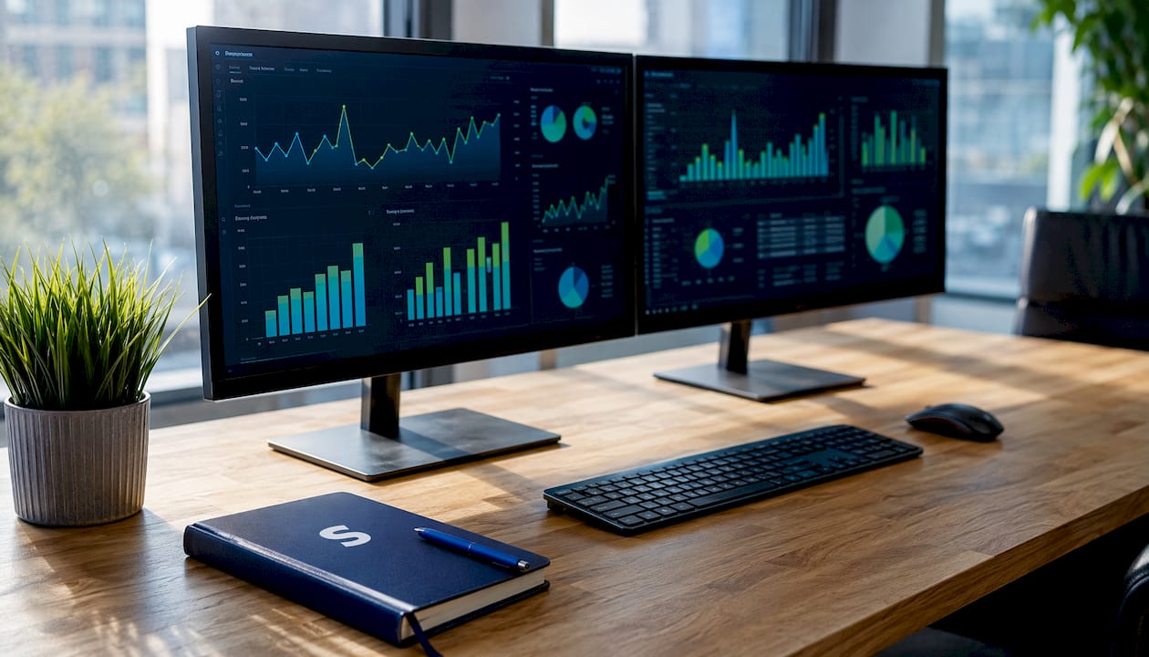 Two computer screens showing Amazon ad spend data dashboards