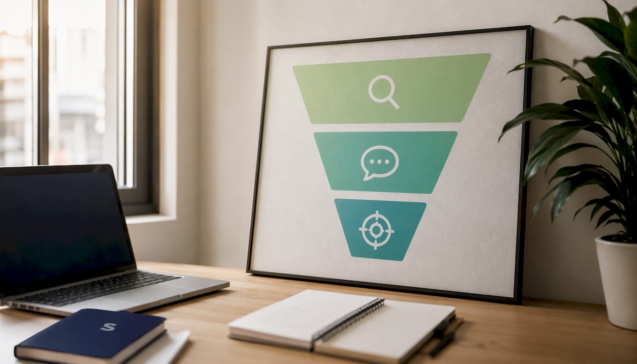 Illustrated funnel diagram showing PPC campaign stages