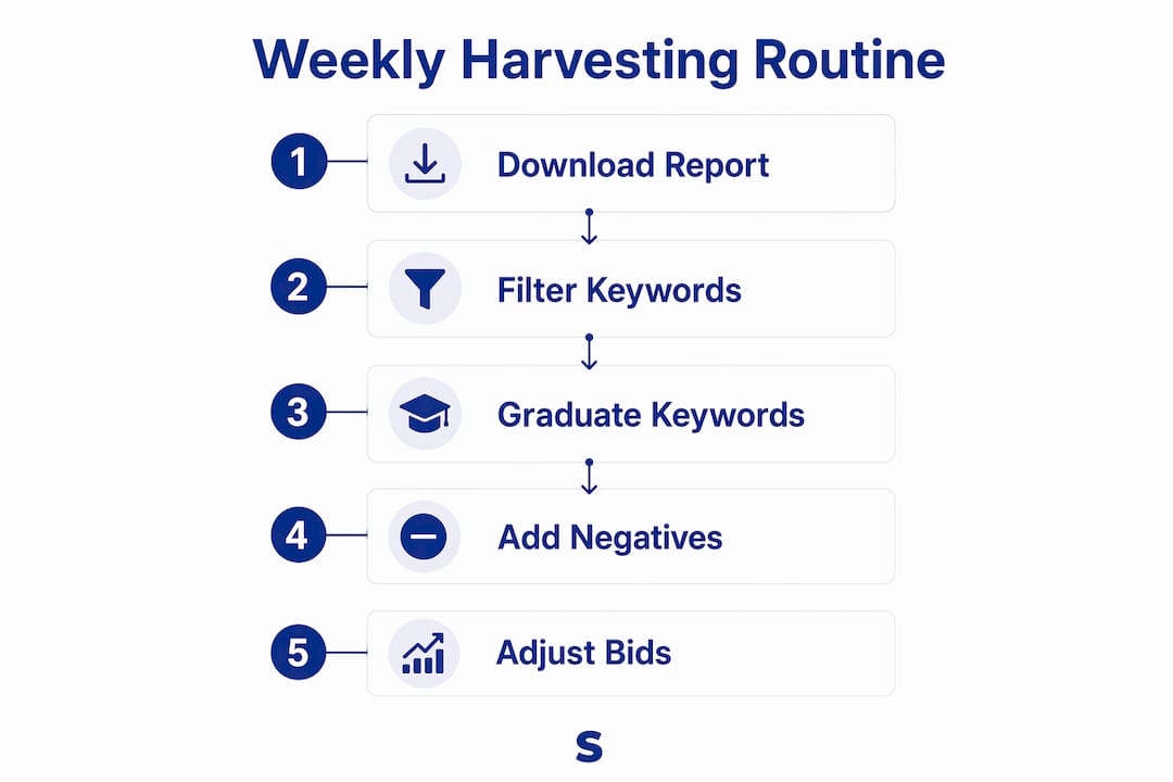 Infographic showing weekly PPC keyword harvesting steps
