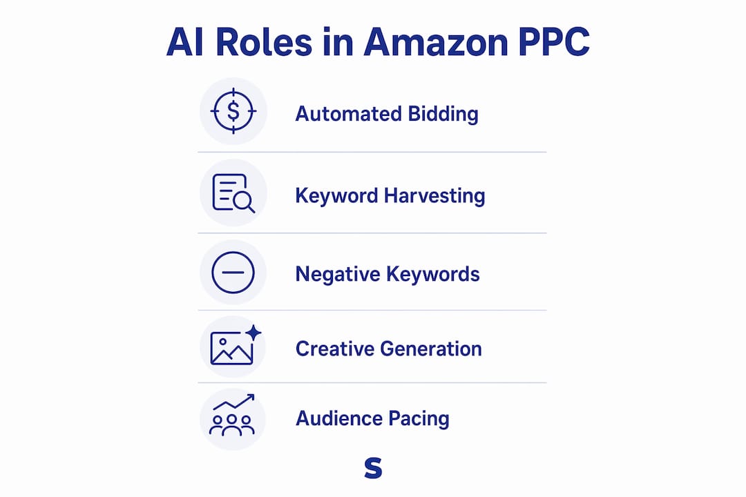 Infographic showing AI roles in Amazon PPC