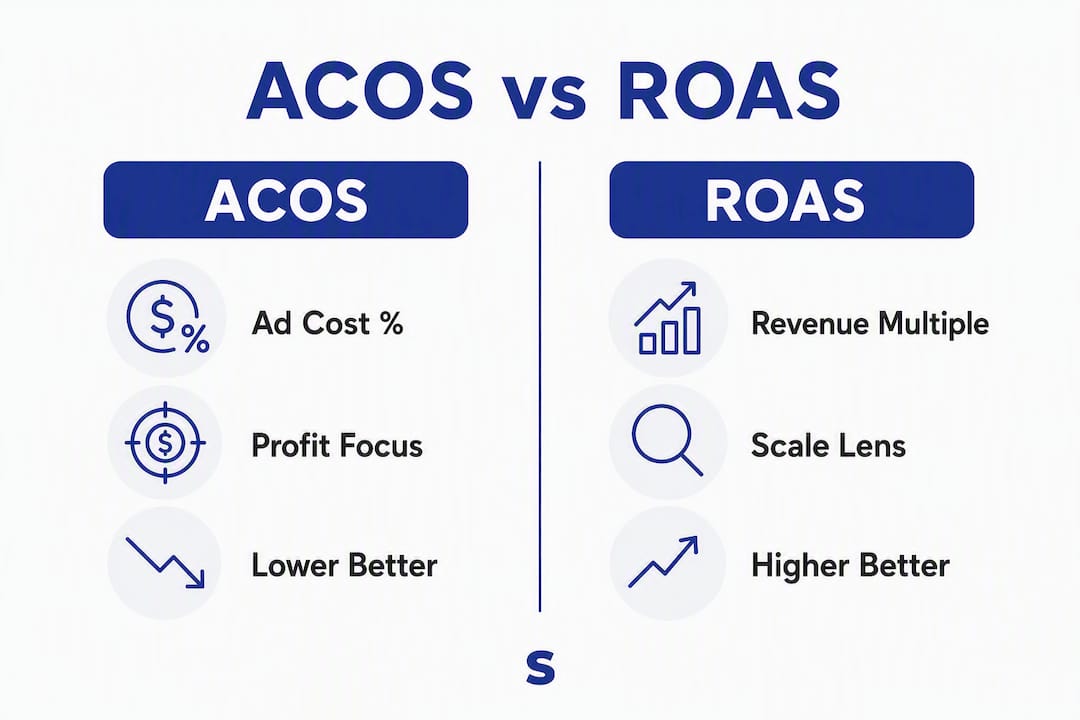 Infographic comparing ACOS and ROAS metrics