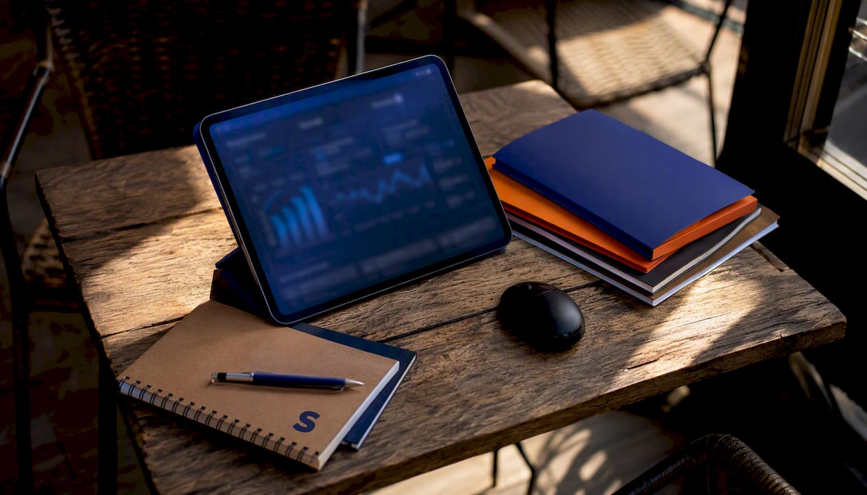 Close-up of digital marketing tools on agency desk