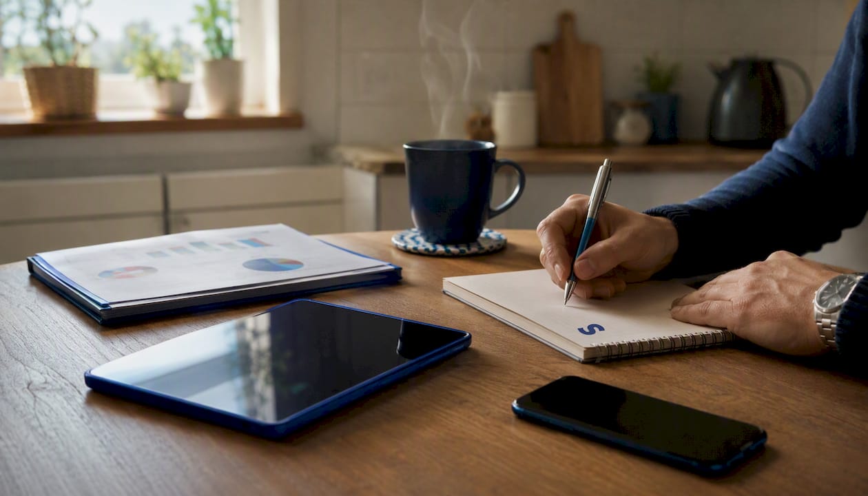 Hands taking notes at in-house marketing desk