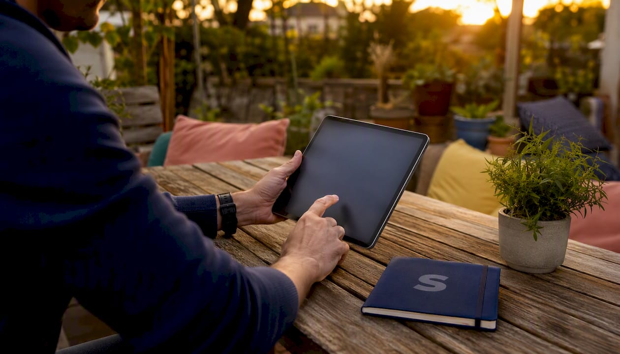 Hands using tablet for streaming data metrics